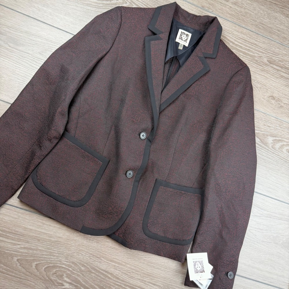 Anne Klein Women Blazer Faux Leather Trim Troubadour Red Black 10